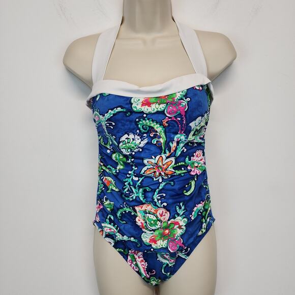 Ralph Lauren Paisley Halter Bathing Suit Size 6 Blue One Piece Rockabilly Pinup - Picture 1 of 14